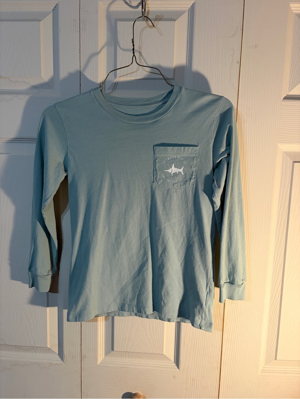 Light Blue Long Sleeve Pocket Tee with Shark Graphic
